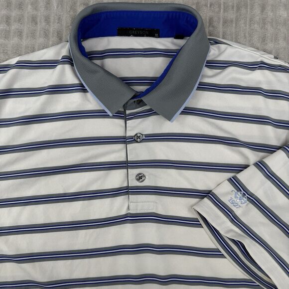 Greyson Shirt Mens Large White Striped Short Sleeve Polo Casual Golf Logo READ‎ - Picture 1 of 10